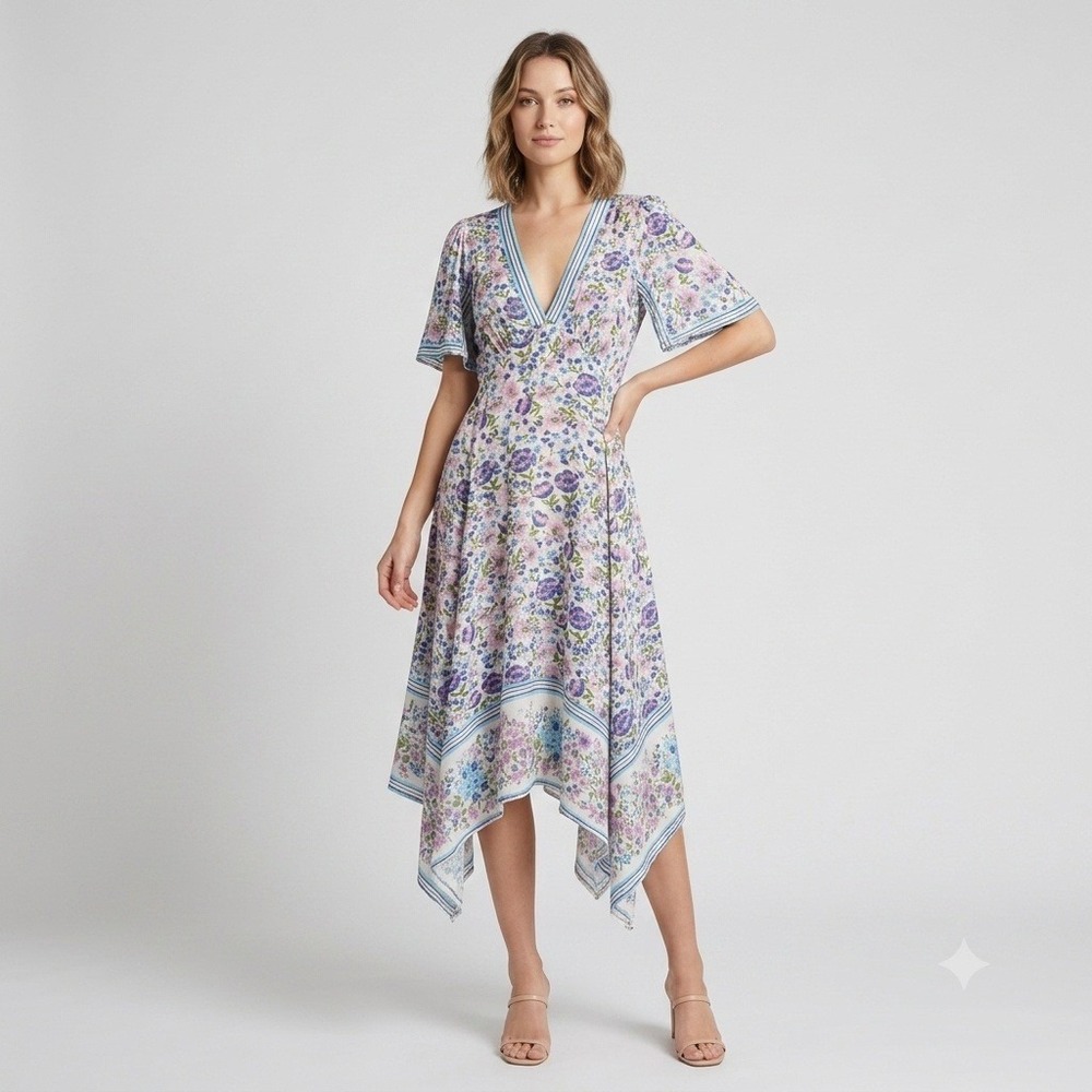 Spell Impala Lily Handkerchief Midi Dress Cotton Viscose Floral V-Neck Sz Small